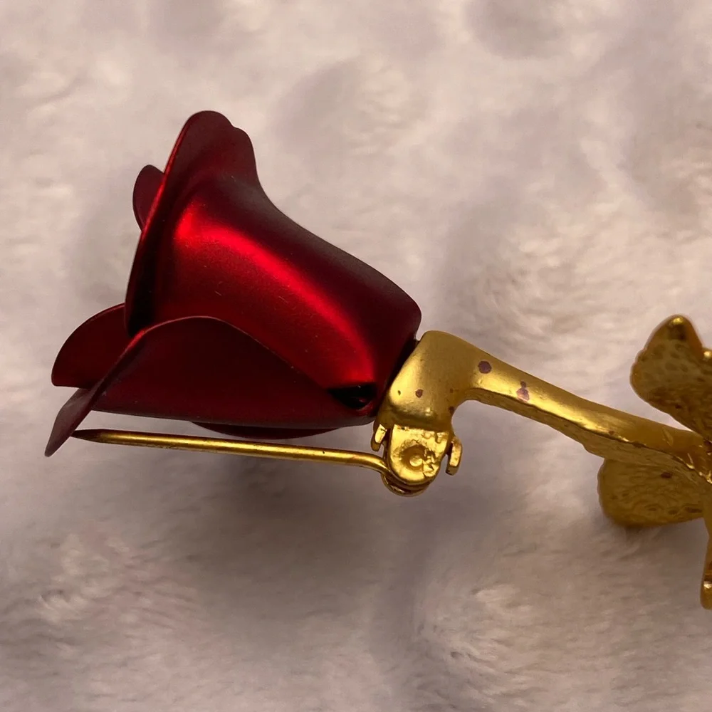 Vintage Red Rose Brooch with Gold Stem and Two Leaves